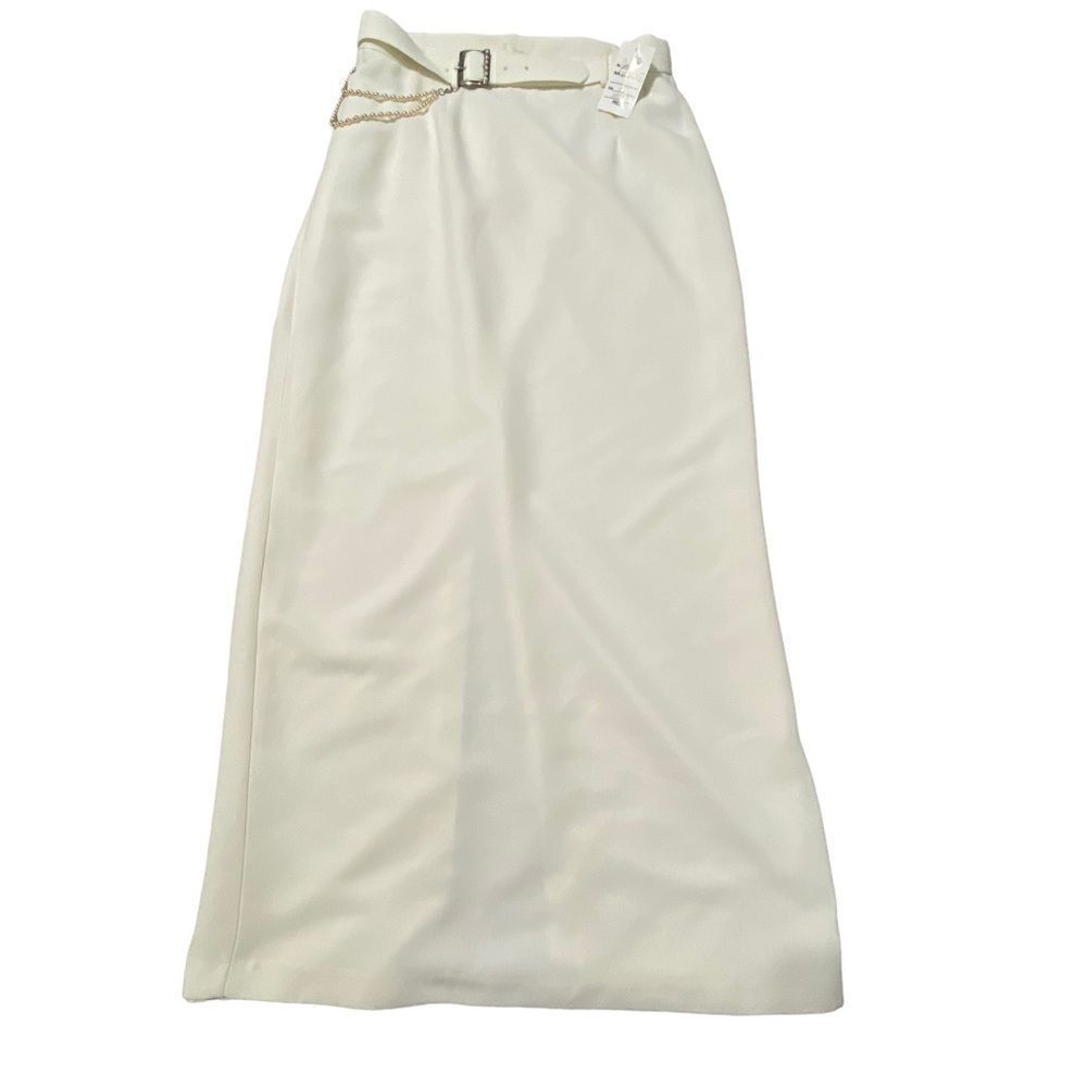 JOSEPH RIBKOFF white skirt with belt and dangled pearls